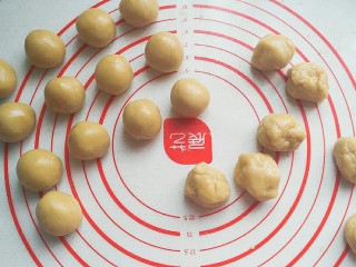 蔓越莓绿豆馅月饼(内附馅料做法),松弛好的饼皮分成每份20克的小团滚圆;